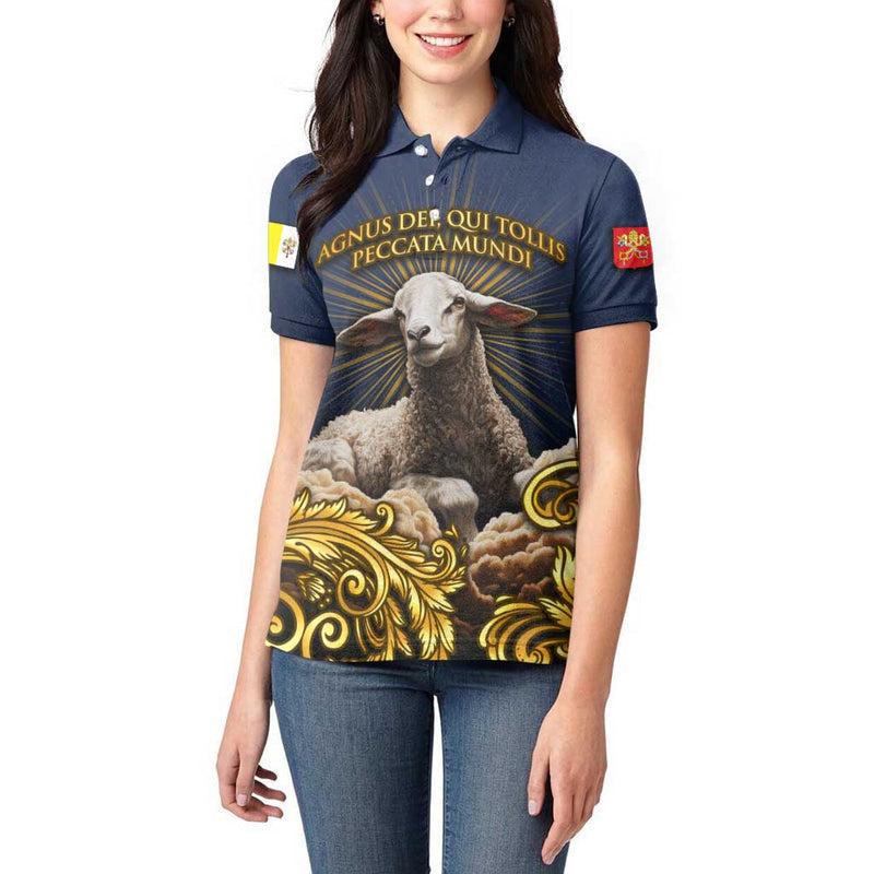Agnus Dei Lamb of God Latin Catholic Art with Gold Baroque Accents Women Polo Shirt