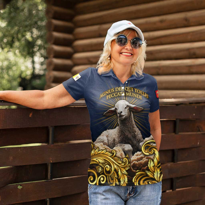 Agnus Dei Lamb of God Latin Catholic Art with Gold Baroque Accents Women Polo Shirt