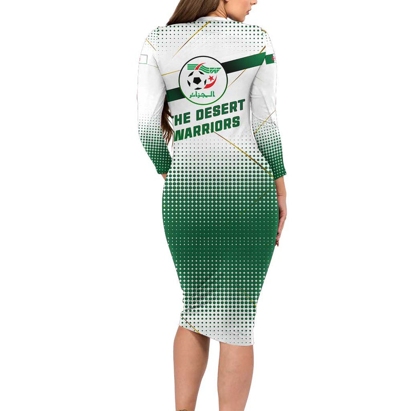 Algeria Soccer With Desert Warriors Text And National Flag Design Long Sleeve Bodycon Dress