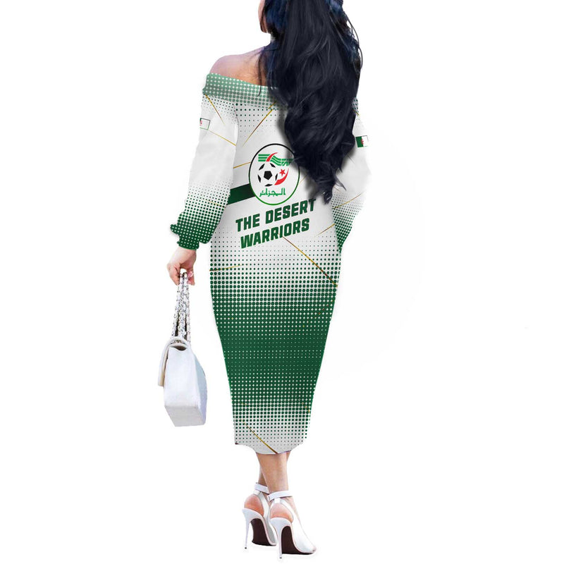 Algeria Soccer With Desert Warriors Text And National Flag Design Off The Shoulder Long Sleeve Dress