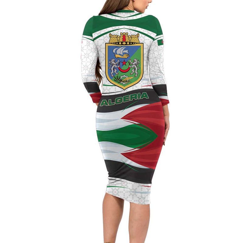 Algeria With National Flag And Coat Of Arms Crest Design Long Sleeve Bodycon Dress