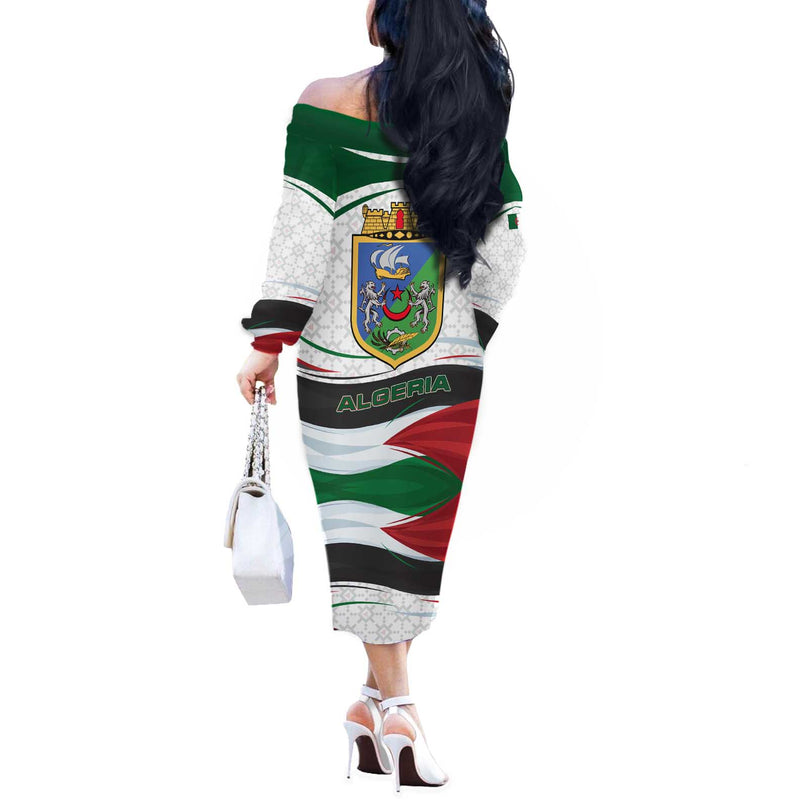 Algeria With National Flag And Coat Of Arms Crest Design Off The Shoulder Long Sleeve Dress