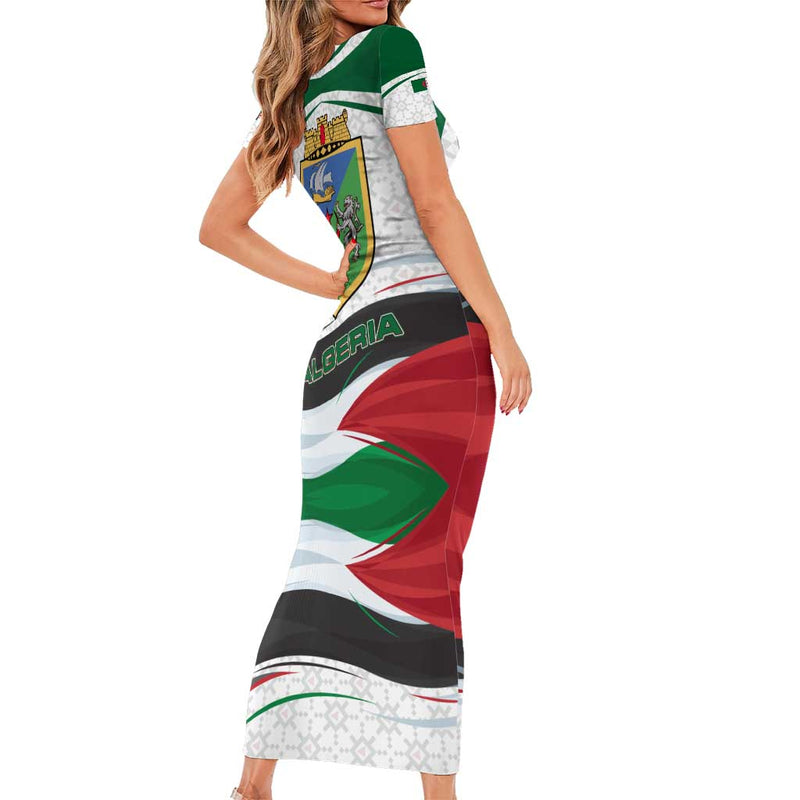 Algeria With National Flag And Coat Of Arms Crest Design Short Sleeve Bodycon Dress