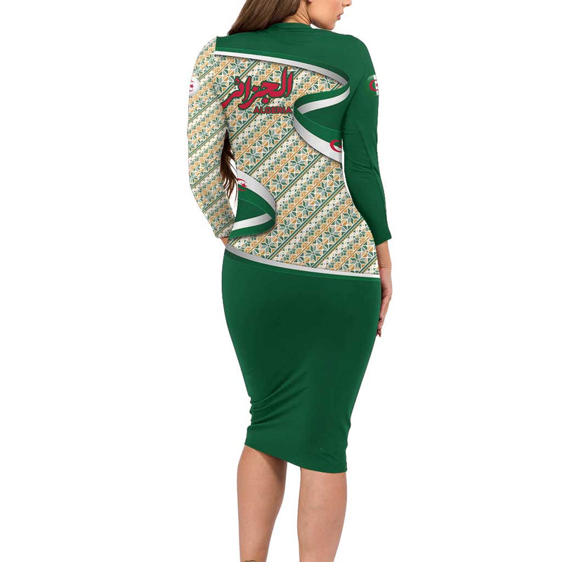 Algeria With Arabic Calligraphy And Traditional Pattern Design Long Sleeve Bodycon Dress