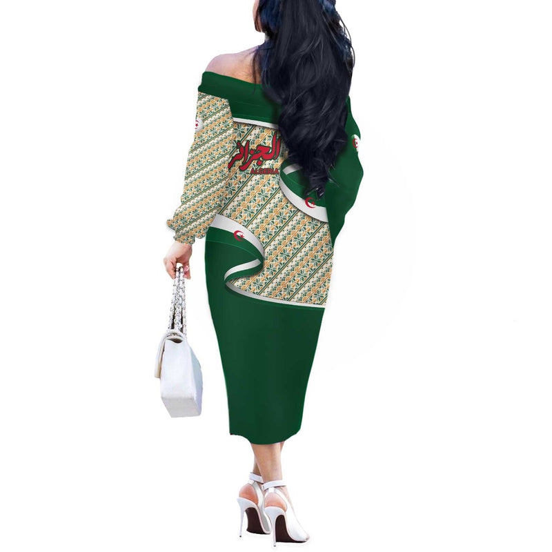 Algeria With Arabic Calligraphy And Traditional Pattern Design Off The Shoulder Long Sleeve Dress