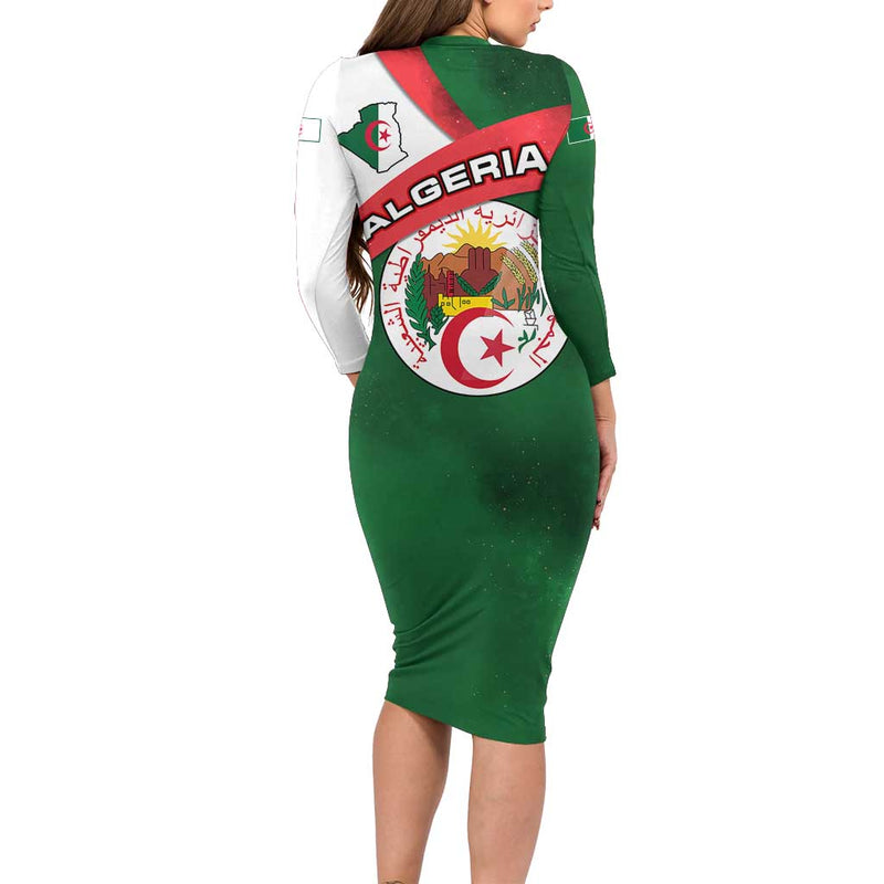 Algeria With National Emblem And Map Design Long Sleeve Bodycon Dress