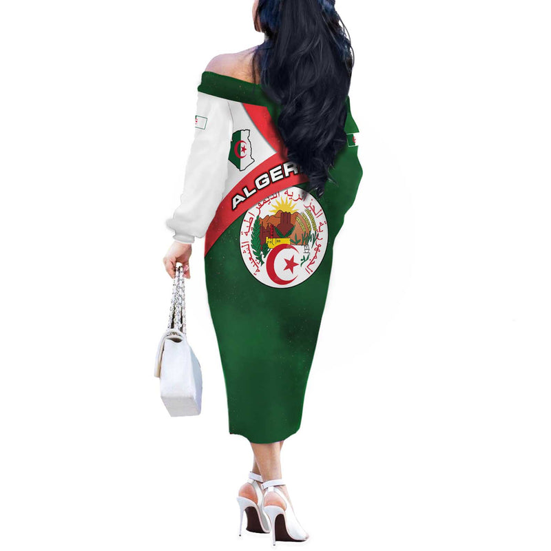 Algeria With National Emblem And Map Design Off The Shoulder Long Sleeve Dress