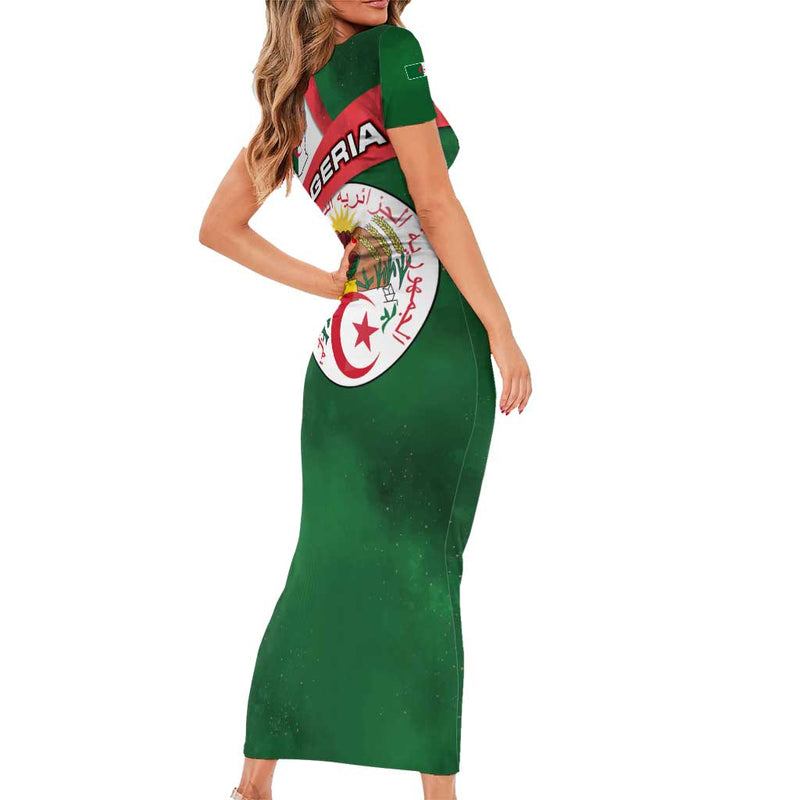 Algeria With National Emblem And Map Design Short Sleeve Bodycon Dress