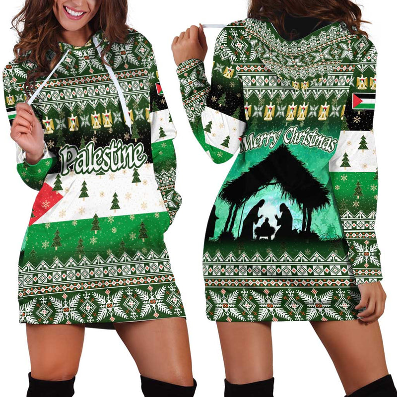 Palestine Christmas With Green-white Theme, Tree Ornaments, And Nativity Scene Motif Hoodie Dress