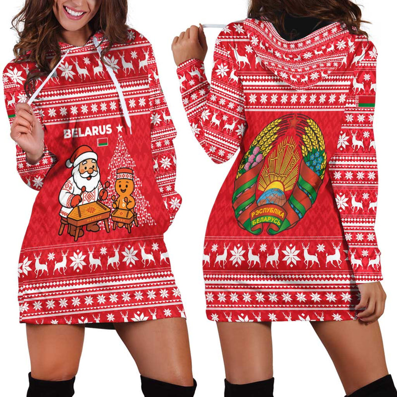 Belarus Christmas With Santa Gingerbread Playing Chess National Emblem And Nordic Pattern Design Hoodie Dress