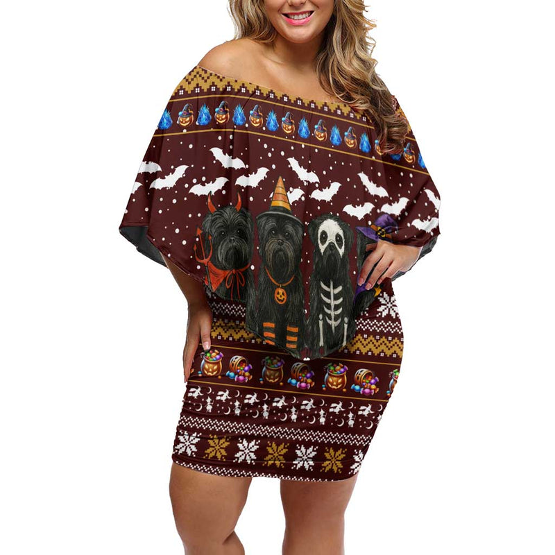 Affenpinscher Dog Halloween Christmas Xmas Holiday Patterns Off Shoulder Short Dress