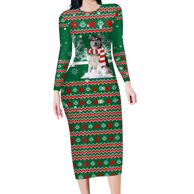 Alaskan Malamute Winter Tree Christmas Xmas Holiday Patterns Long Sleeve Bodycon Dress