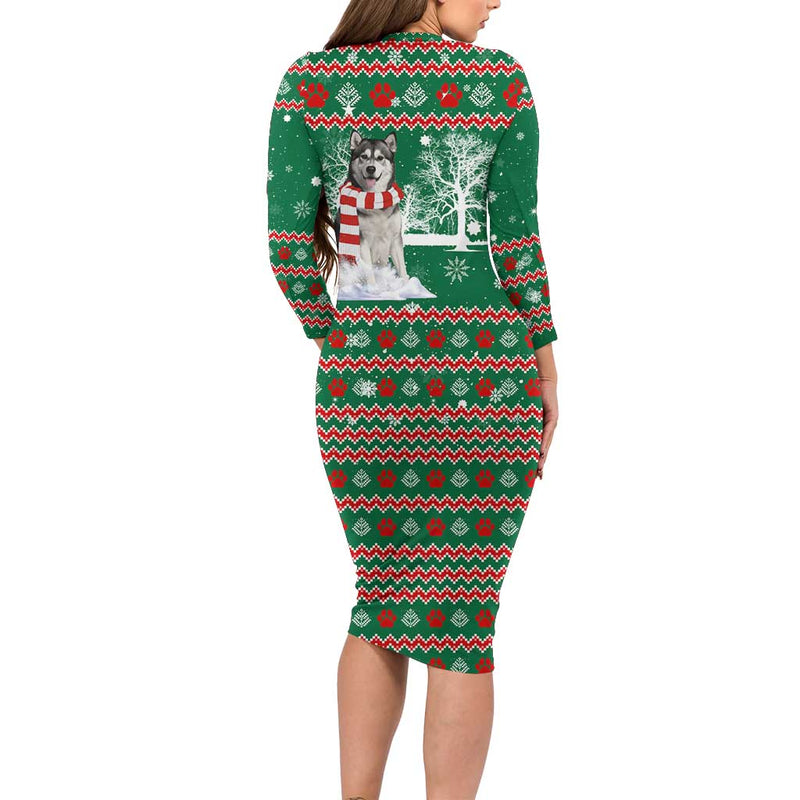 Alaskan Malamute Winter Tree Christmas Xmas Holiday Patterns Long Sleeve Bodycon Dress