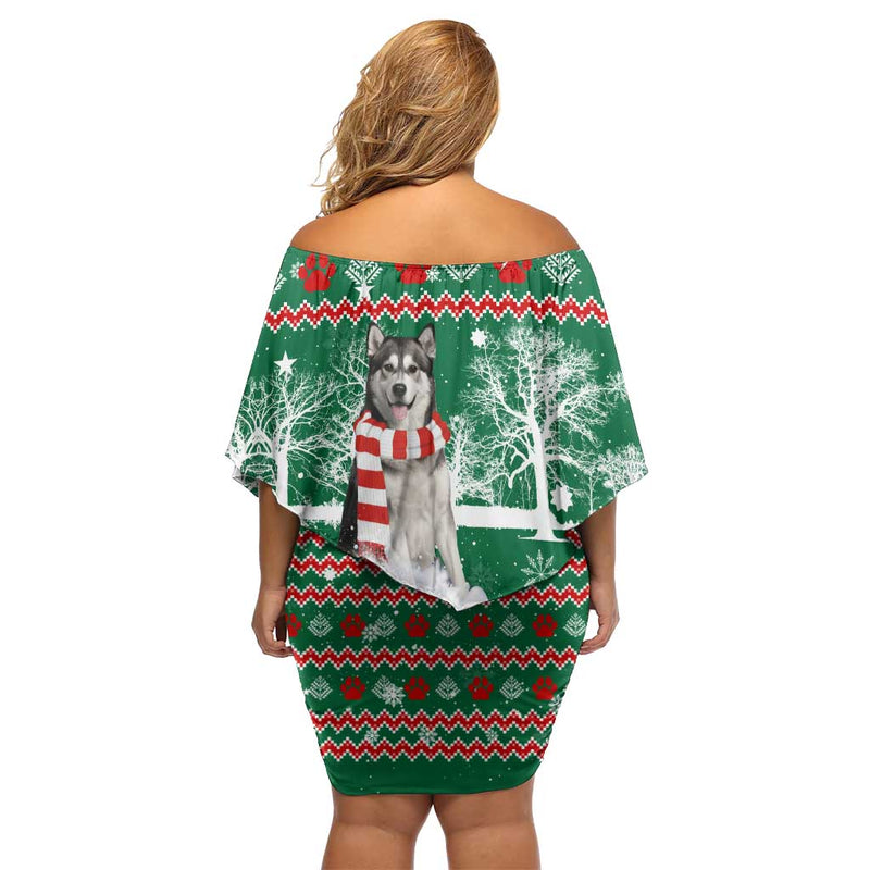 Alaskan Malamute Winter Tree Christmas Xmas Holiday Patterns Off Shoulder Short Dress