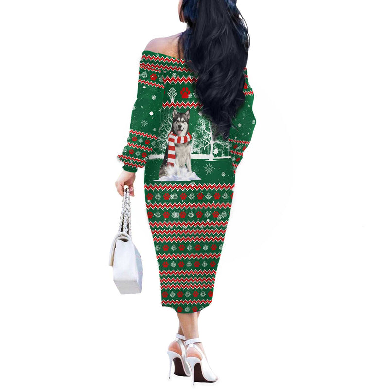 Alaskan Malamute Winter Tree Christmas Xmas Holiday Patterns Off The Shoulder Long Sleeve Dress