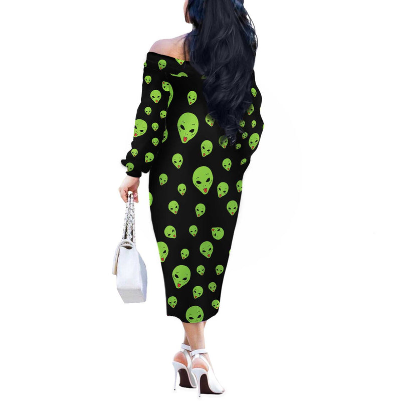 Alien Christmas Xmas Holiday Patterns Off The Shoulder Long Sleeve Dress
