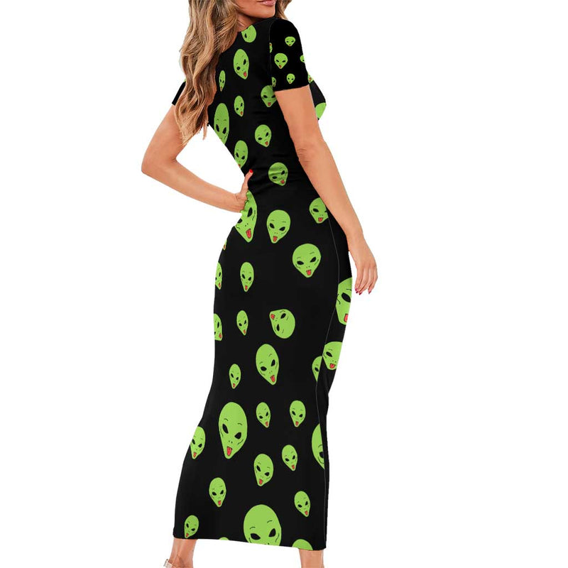 Alien Christmas Xmas Holiday Patterns Short Sleeve Bodycon Dress