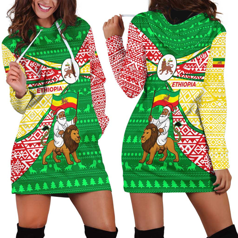 Ethiopia Christmas With Santa Riding Lion Ethiopian Flag Colors And Tribal Pattern Design Hoodie Dress