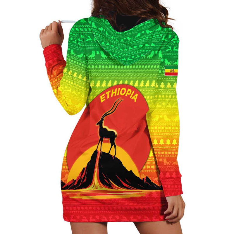 Ethiopia Christmas With Mountain Gazelle Sunset Ethiopian Flag Colors And Tribal Pattern Design Hoodie Dress