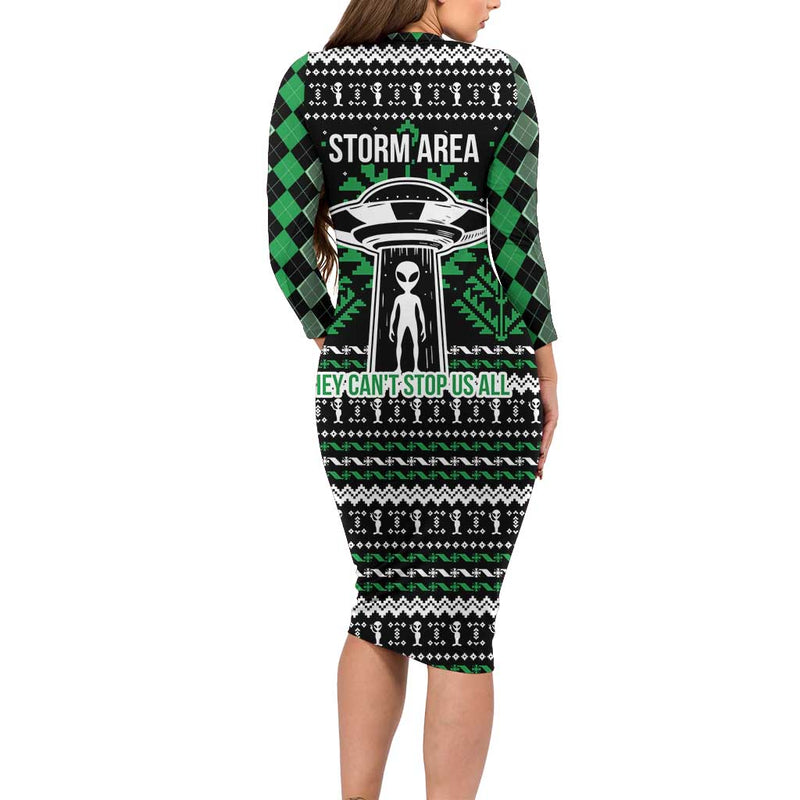 Alien Christmas Xmas Holiday Patterns Long Sleeve Bodycon Dress