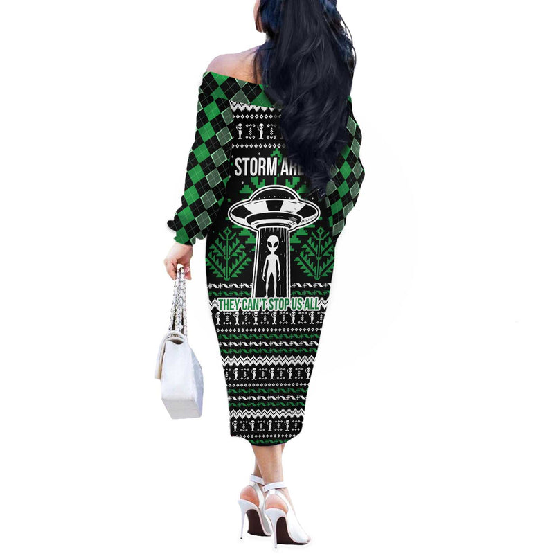Alien Christmas Xmas Holiday Patterns Off The Shoulder Long Sleeve Dress