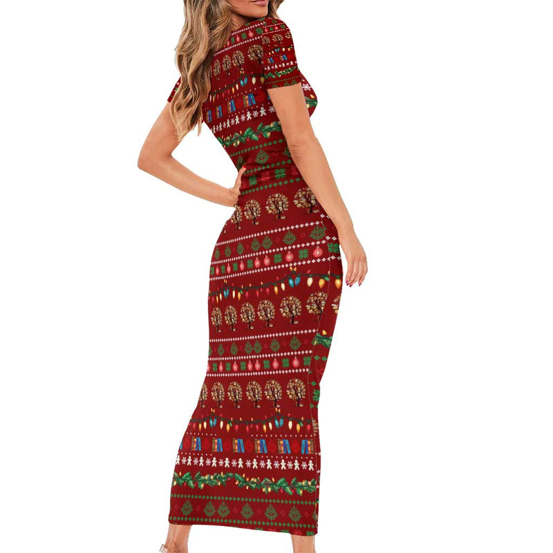All I Want For Christmas Is Books Christmas Xmas Holiday Patterns Short Sleeve Bodycon Dress