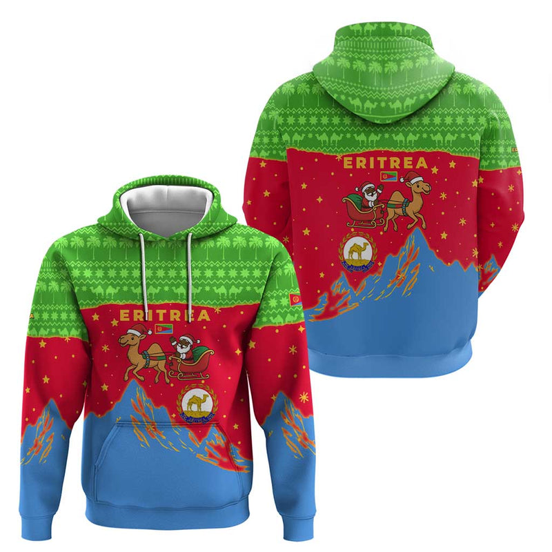 Eritrea Christmas With Santa Claus Camel Sleigh National Emblem And Red Green Blue Pattern Hoodie