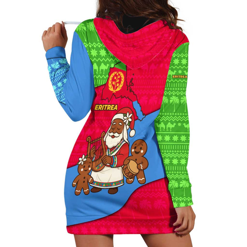 Eritrea Christmas With African Santa Gingerbread Harp National Flag Colors And Festive Pattern Design Hoodie Dress