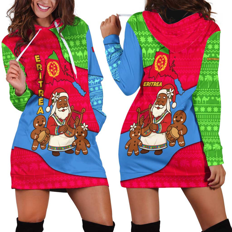 Eritrea Christmas With African Santa Gingerbread Harp National Flag Colors And Festive Pattern Design Hoodie Dress