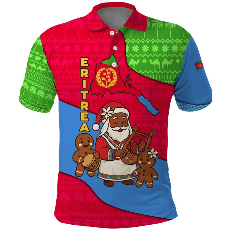 Eritrea Christmas With African Santa Gingerbread Harp National Flag Colors And Festive Pattern Design Polo Shirt