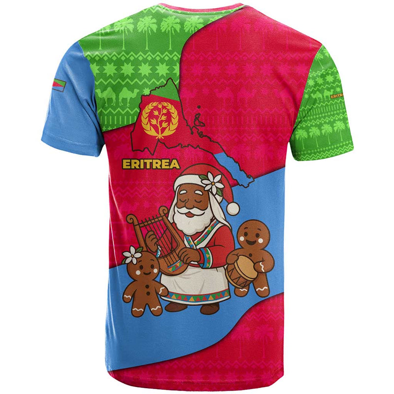 Eritrea Christmas With African Santa Gingerbread Harp National Flag Colors And Festive Pattern Design T Shirt