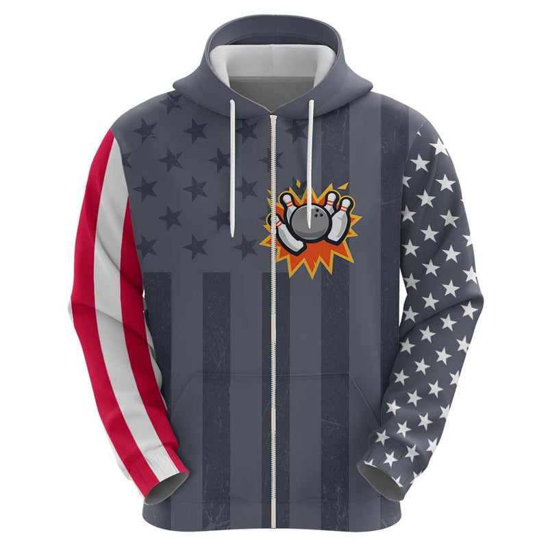 Custom Bowling Ball and Pins American Flag Stars and Stripes in Grunge Patriotic Hoodie