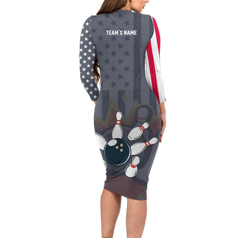 Custom Bowling Ball And Pins American Flag Stars And Stripes In Grunge Patriotic Long Sleeve Bodycon Dress