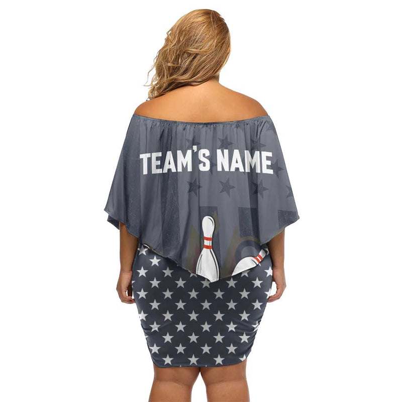 Custom Bowling Ball And Pins American Flag Stars And Stripes In Grunge Patriotic Off Shoulder Short Dress