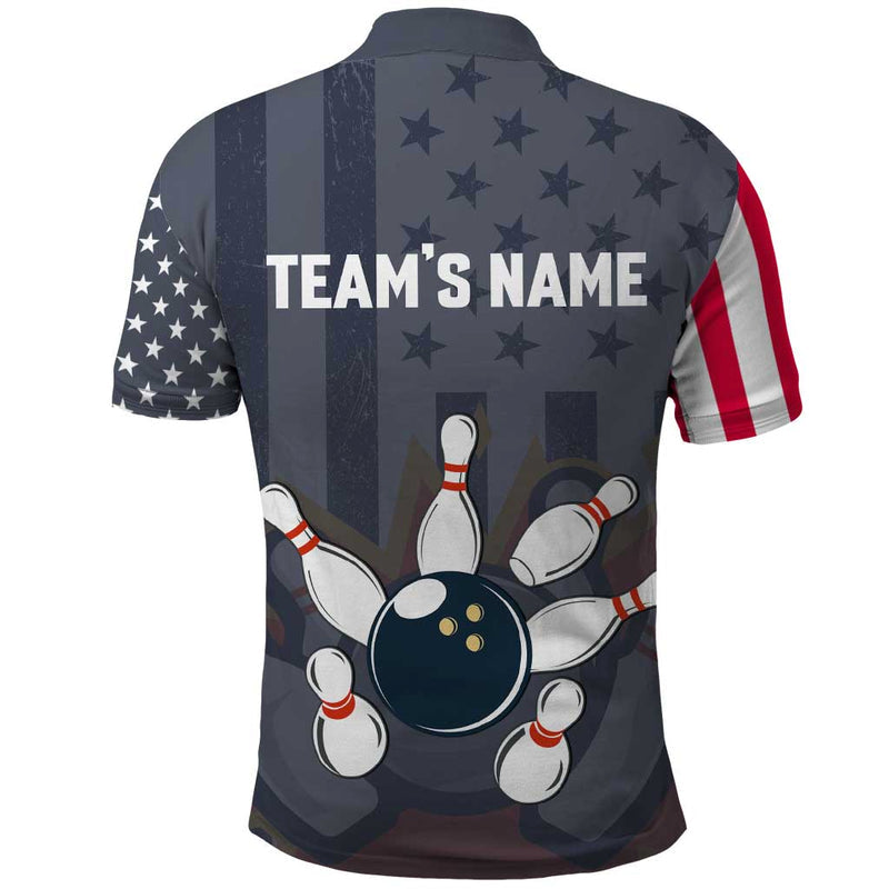 Custom Bowling Ball and Pins American Flag Stars and Stripes in Grunge Patriotic Polo Shirt