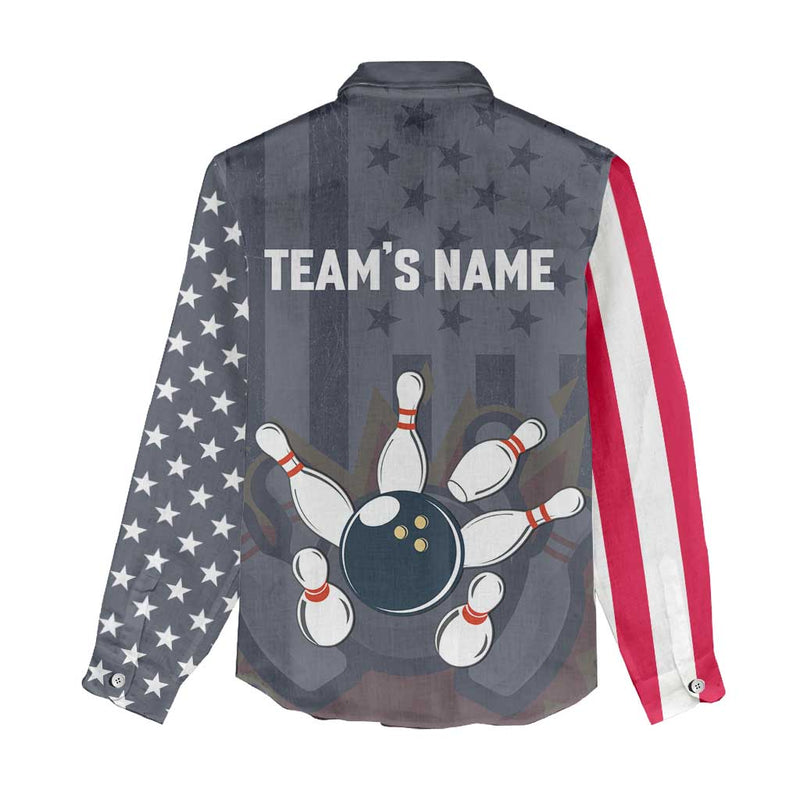 Custom Bowling Ball and Pins American Flag Stars and Stripes in Grunge Patriotic Women Casual Shirt