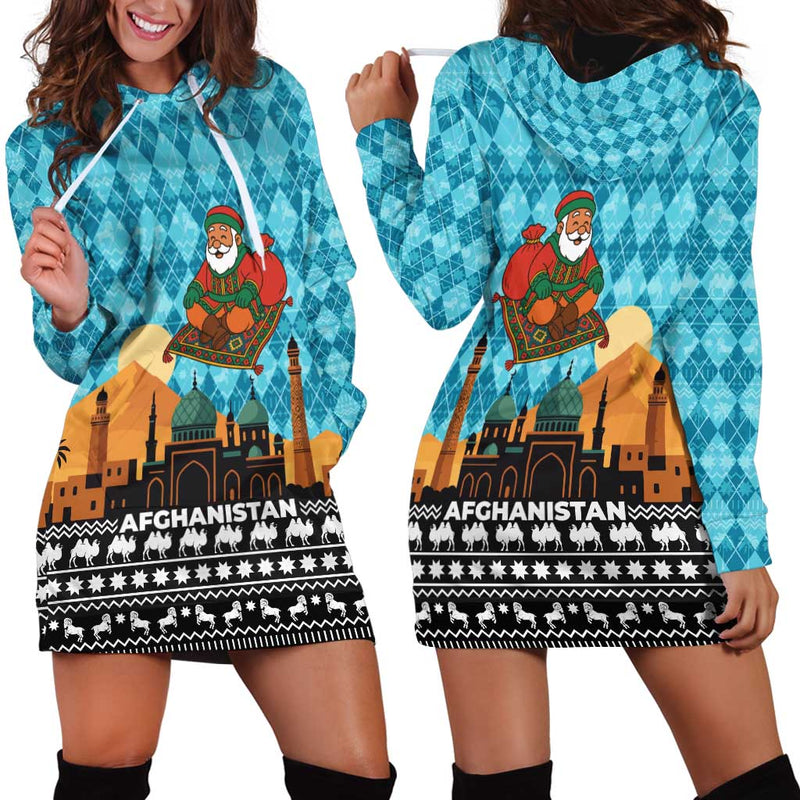 Afghanistan Christmas With Santa On Flying Carpet Mosque Camels And Desert Sunset Design Hoodie Dress