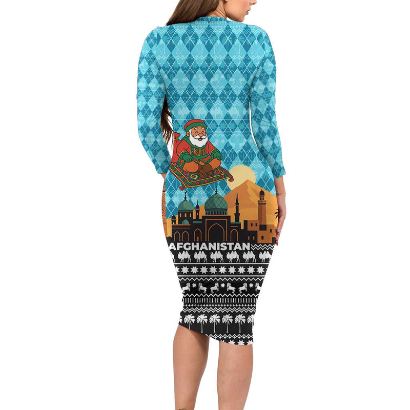 Afghanistan Christmas With Santa On Flying Carpet Mosque Camels And Desert Sunset Design Long Sleeve Bodycon Dress