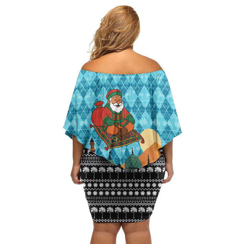 Afghanistan Christmas With Santa On Flying Carpet Mosque Camels And Desert Sunset Design Off Shoulder Short Dress