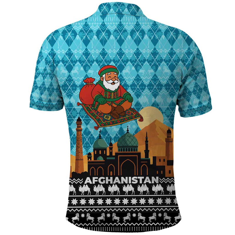 Afghanistan Christmas With Santa On Flying Carpet Mosque Camels And Desert Sunset Design Polo Shirt