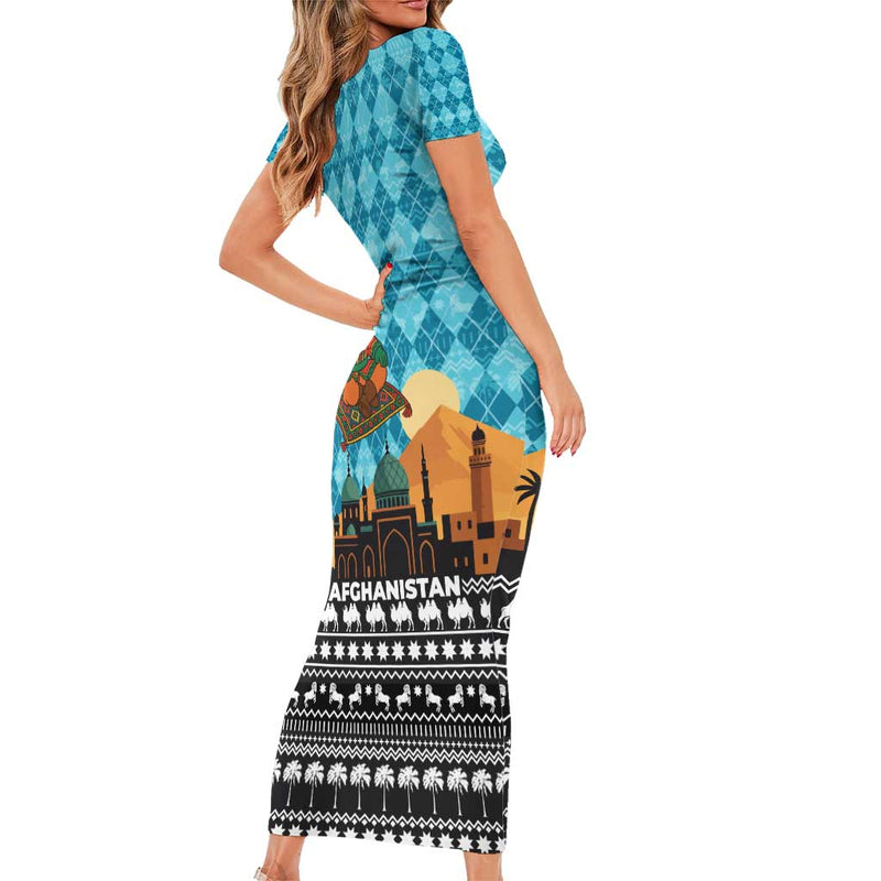 Afghanistan Christmas With Santa On Flying Carpet Mosque Camels And Desert Sunset Design Short Sleeve Bodycon Dress