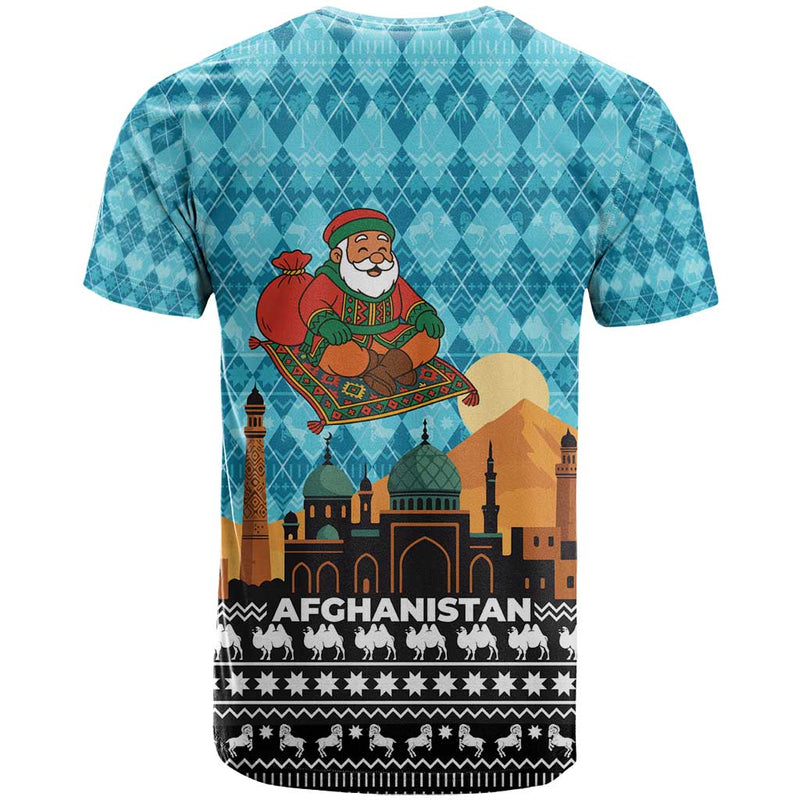 Afghanistan Christmas With Santa On Flying Carpet Mosque Camels And Desert Sunset Design T Shirt