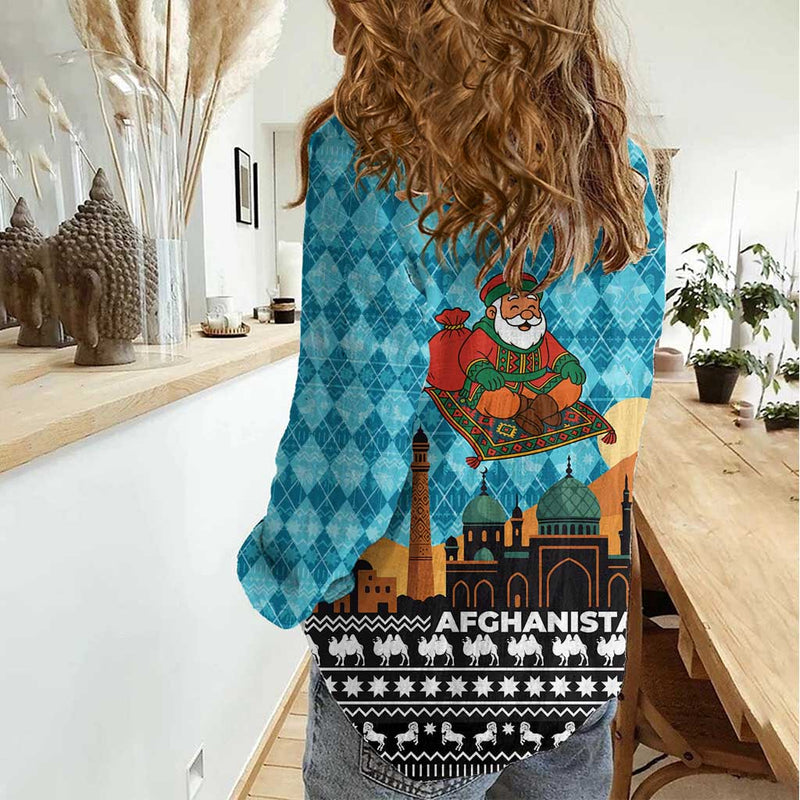 Afghanistan Christmas With Santa On Flying Carpet Mosque Camels And Desert Sunset Design Women Casual Shirt