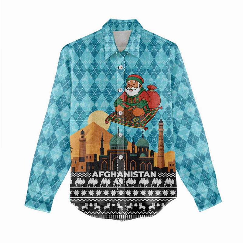 Afghanistan Christmas With Santa On Flying Carpet Mosque Camels And Desert Sunset Design Women Casual Shirt