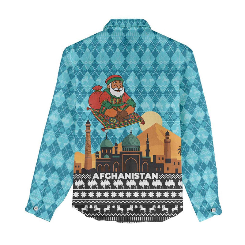 Afghanistan Christmas With Santa On Flying Carpet Mosque Camels And Desert Sunset Design Women Casual Shirt