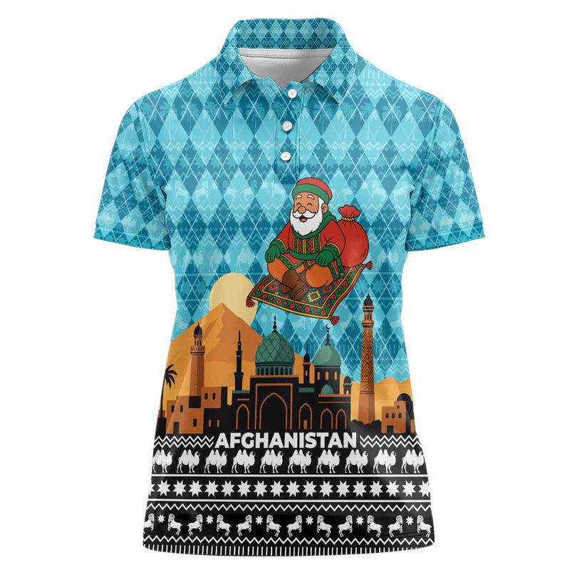 Afghanistan Christmas With Santa On Flying Carpet Mosque Camels And Desert Sunset Design Women Polo Shirt