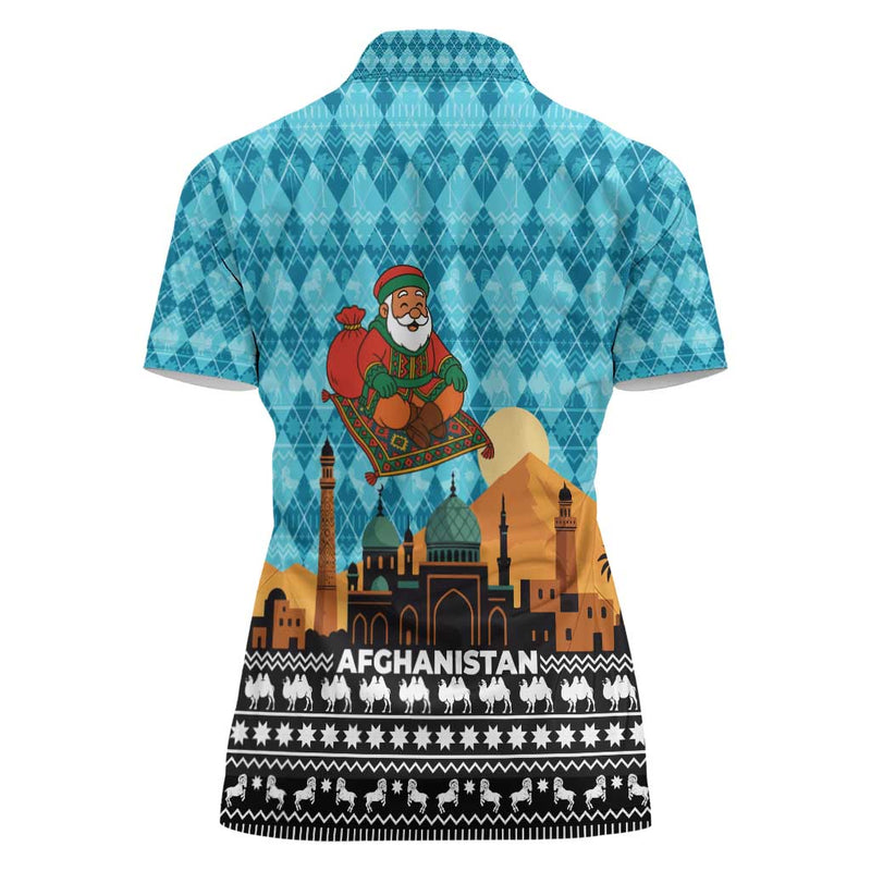 Afghanistan Christmas With Santa On Flying Carpet Mosque Camels And Desert Sunset Design Women Polo Shirt