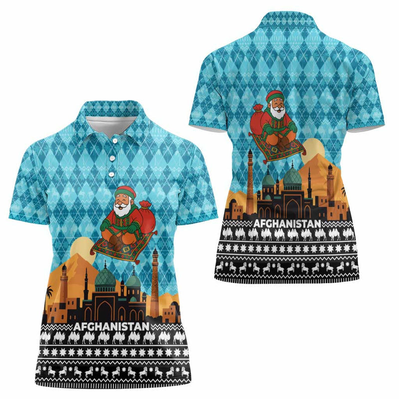 Afghanistan Christmas With Santa On Flying Carpet Mosque Camels And Desert Sunset Design Women Polo Shirt