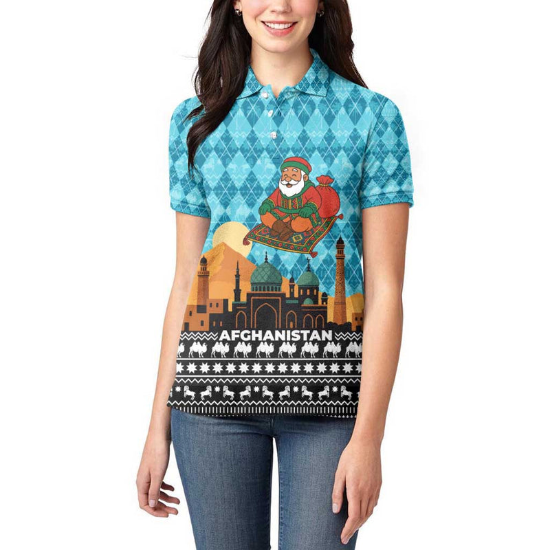 Afghanistan Christmas With Santa On Flying Carpet Mosque Camels And Desert Sunset Design Women Polo Shirt