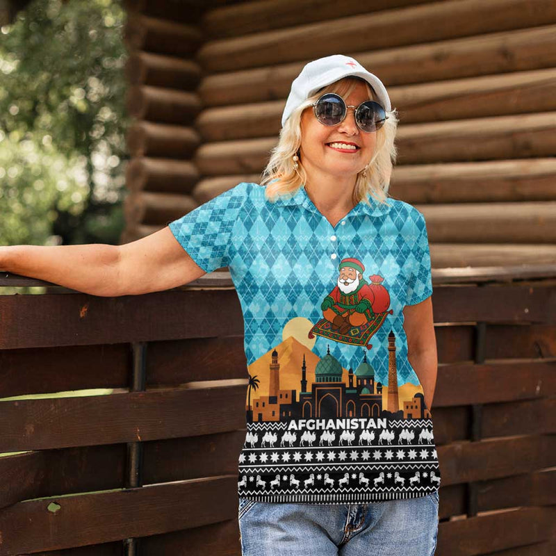 Afghanistan Christmas With Santa On Flying Carpet Mosque Camels And Desert Sunset Design Women Polo Shirt